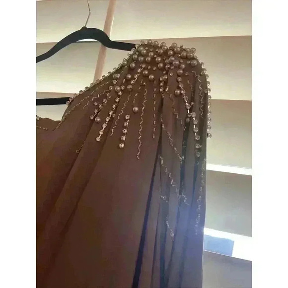 MAC DUGGAL GOWN 18 MAXI DRESS 55715 MOCHA FAUX WRAP JERSEY EMBELLISHED CRYSTALS - Picture 13 of 13